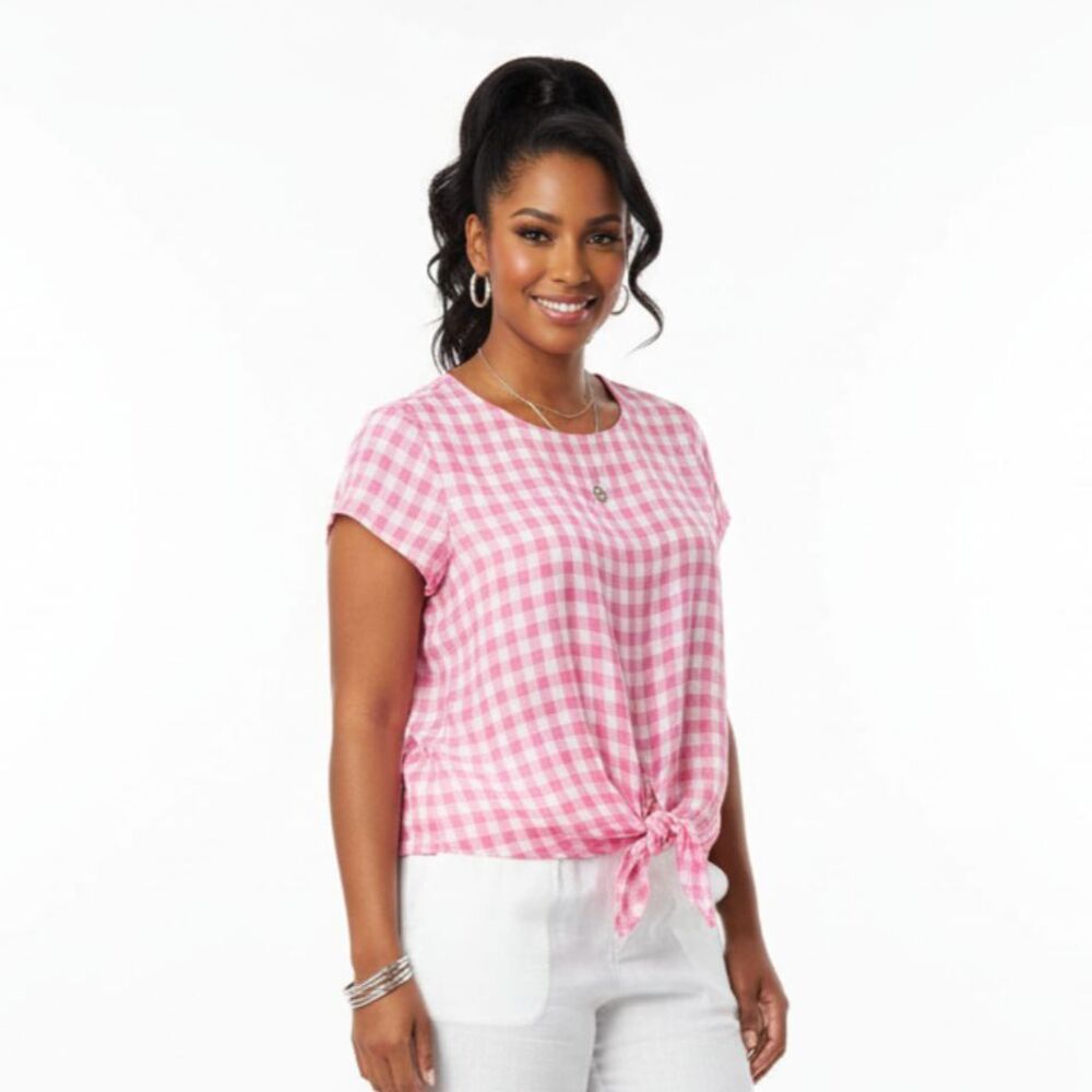 Beach Lunch Lounge Pink & White Plaid Gingham Tie Waist Short Sleeve Top NEW XL